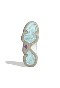 Suela de zapato con un diseño texturizado en verde menta y beige de goma, patrones en espiral, y un pequeño acento de logo en púrpura. Forma curva y ergonómica.
