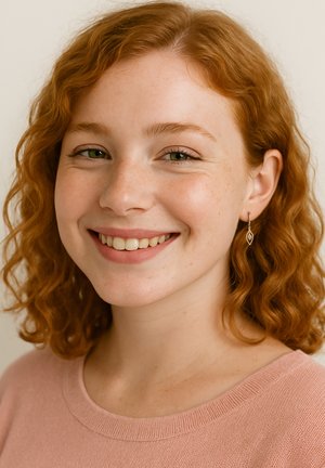 Nærbillede af en smilende person med krøllet rødt hår, iført en lys pink sweater og sølvøreringe formet som blade. Glat hud og grønne øjne.