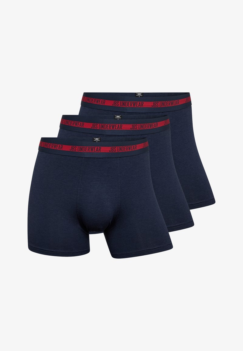 Tre paia di boxer blu navy con una cintura elastica rossa che presenta la scritta "JBS UNDERWEAR" in lettere nere. Materiale in cotone morbido.