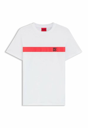 Witte katoenen t-shirt met een horizontale roze streep en een zwart "HUGO" logo aan de linkerzijde. Klassiek ontwerp met ronde hals en korte mouwen.