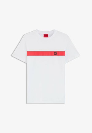 White cotton t-shirt featuring a horizontal pink stripe and black "HUGO" logo on the left side. Classic crew neck design, short sleeves.