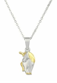 Silver unicorn hänge med guldfärgade accenter på hornet och manen, hängande från en tunn silverkedja.