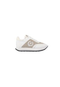 Sneaker con pelle bianca e suede beige, punta tonda, design con lacci, suola in gomma nera e un logo bianco sul lato.