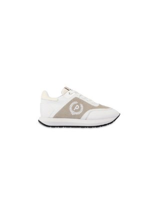 Sneaker con pelle bianca e suede beige, punta tonda, design con lacci, suola in gomma nera e un logo bianco sul lato.