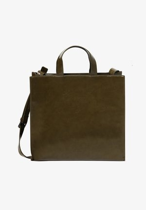 Olíva zöld bőrtáska, két felső fogantyúval és levehető vállpánttal. Simább textúra és minimális díszítés.
