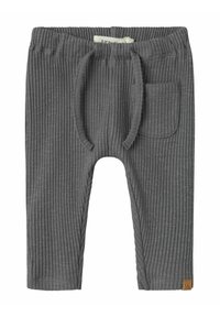 Grijze ribcord broek met een elastische tailleband, trekkoord, zijzak en een klein logo-label aan de voorkant.