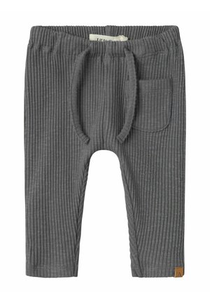 Szare, prążkowane spodnie z korduroyu z elastycznym pasem, sznurkiem, kieszenią boczną oraz małą metką z logo z przodu.