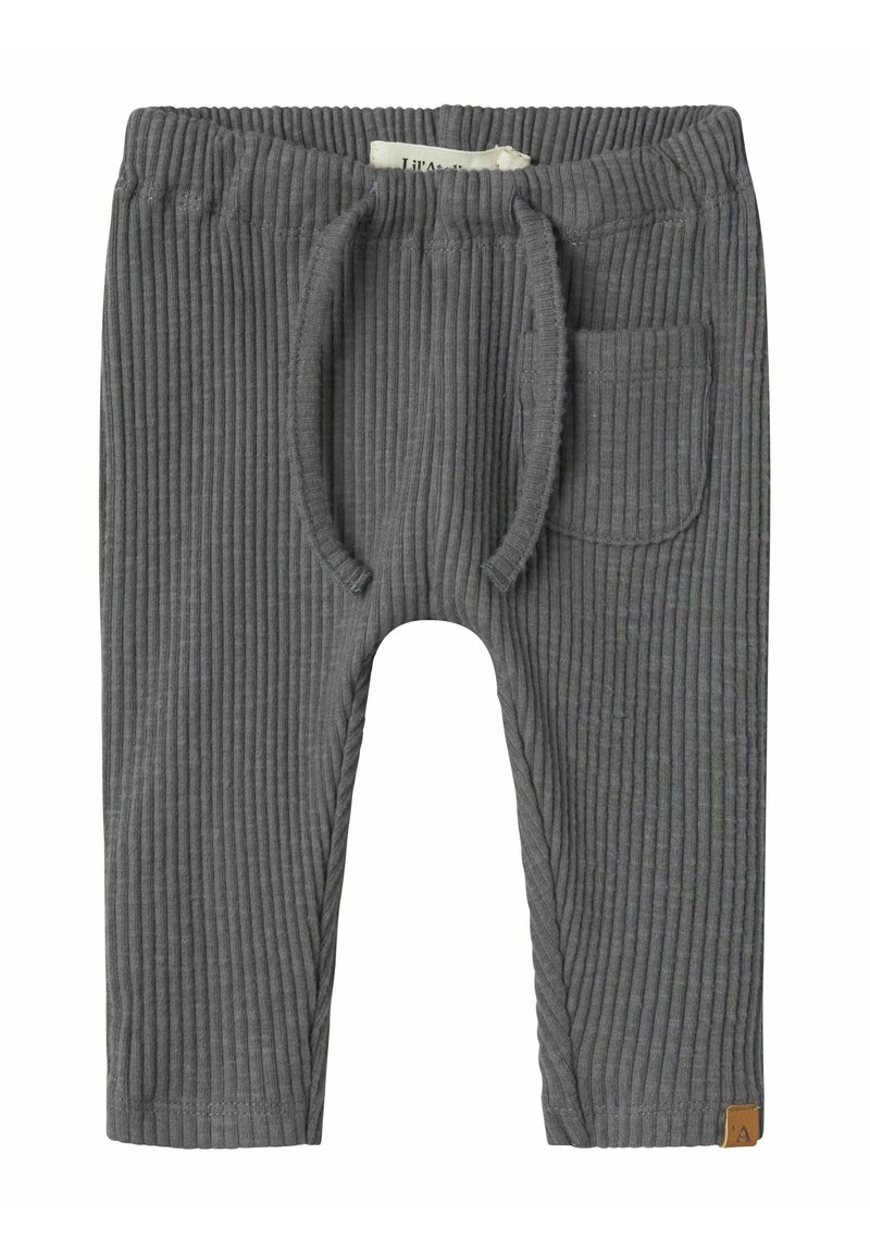 Grijze ribcord broek met een elastische tailleband, trekkoord, zijzak en een klein logo-label aan de voorkant.