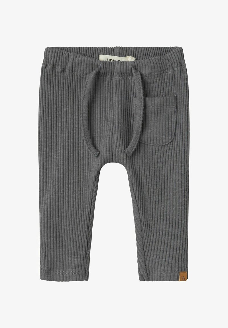 Grijze ribcord broek met een elastische tailleband, trekkoord, zijzak en een klein logo-label aan de voorkant.