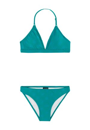 Turquoise tweedelig bikini met textuur van zonnestralen, bestaande uit een halter driehoekstopje en bijpassende low-rise broekjes met witte voering.