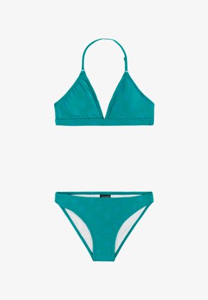 Bikini deux pièces bleu sarcelle avec motifs texturés de soleil, comprenant un haut triangle à nouer autour du cou et un bas taille basse assorti avec doublure blanche.