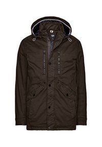 Dunkelbraune Kapuzenjacke mit Reißverschluss und Knopfverschlüssen, zwei Brusttaschen und zwei Seitentaschen. Verfügt über ein gestepptes Innenfutter.