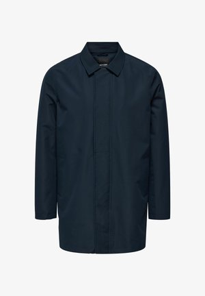 Tumesinine kerge mantel kraega, pikkade varrukatega ja ees olevate taskutega. Sile, veekindel kangas minimalistliku disainiga.