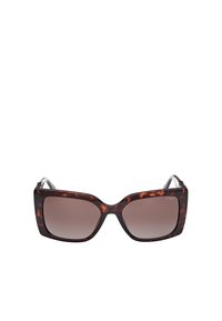 Gafas de sol de carey con lentes marrones degradados, de forma cuadrada y amplia, y acentos metálicos en las patillas. Montura de plástico duradera.