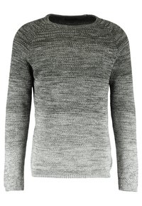 Grauer und weißer gestrickter Pullover mit langen Ärmeln, rundem Halsausschnitt und einem Farbverlauf, der von dunkel zu hell übergeht.