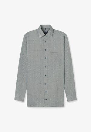 Langärmliges Hemd mit schwarz-weißem geometrischem Muster, Button-Down-Kragen, einer Brusttasche, blauen Knöpfen und geradem Saum.