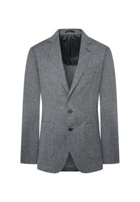 Blazer gris de espiga con solapas de muesca, dos botones y dos bolsillos frontales. Forro interior negro suave. Tejido de lana texturizada.
