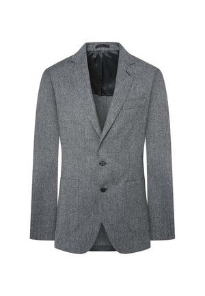Blazer grigio a spina di pesce con rever a taglio, due bottoni e due tasche frontali. Rivestimento interno liscio nero. Tessuto in lana testurizzata.
