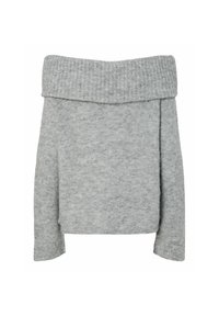 Suéter gris de un solo hombro con un cuello acanalado, mangas largas y una tela suave y texturizada, que presenta un ajuste relajado y un diseño minimalista.