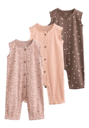 Drei ärmellose, gerippte Baby-Strampler mit Knöpfen vorne, in Braun, Pfirsich und Pink mit Blumendruck und Rüschen am Rand.