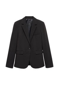 Veste noire à un bouton avec revers crantés, deux poches avant à rabat et une poche poitrine, présentée sur fond blanc.