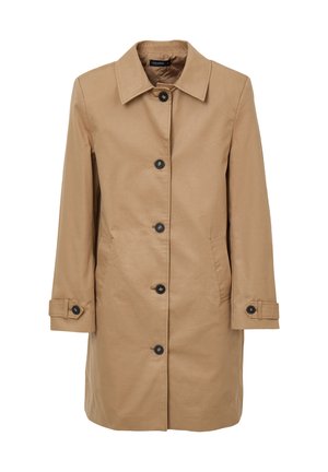 Cappotto beige di media lunghezza in un tessuto liscio, con colletto classico, cinque bottoni neri e tasche laterali con polsini regolabili.