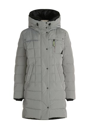 Grå pufferjakke med hætte, med frontlynlås og tryklås, flere lommer og kviltet tekstur. Foret med sort stof.
