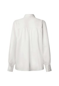 Blusa bianca con colletto a camicia, maniche lunghe con polsini abbottonati e dettaglio arricciato sul retro. Tessuto liscio e leggero.