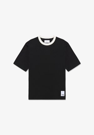 Black short-sleeve T-shirt featuring a contrasting white crew neckline, a label with size "M" and number "73" on the bottom left.