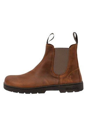 Bottines Chelsea en cuir marron avec des panneaux latéraux élastiques, des languettes de tirage et une semelle en caoutchouc texturée. Design classique avec un bout rond.