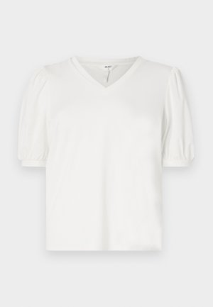 Hvit V-hals T-skjorte laget av glatt stoff, med puffermer og en litt løs passform. Enkel design uten mønstre eller accenter.