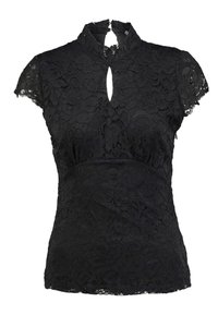 Blouse manches courtes en dentelle noire avec col montant, ouverture en trou de serrure, motif floral et taille cintrée. Tissu doux et texturé.