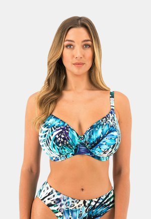 Haut de bikini avec armature et bas assorti, ornés d'un motif de feuilles tropicales en bleu, vert et blanc. Comprend des bretelles ajustables et une conception structurée.