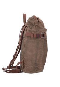 Brown fabric backpack with drawstring closure, adjustable straps, and a side pocket. Features a textured surface and metal hardware.