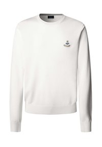 Maglione bianco a maniche lunghe realizzato in morbido materiale a maglia. Presenta un colletto rotondo e un piccolo logo ricamato sul petto.
