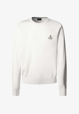 Weißer Pullover mit langen Ärmeln aus weichem Strickmaterial. Verfügt über einen runden Ausschnitt und ein kleines gesticktes Logodetail auf der Brust.