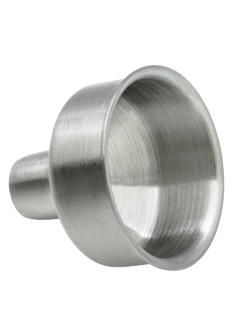 Funnel in metallo con una finitura in acciaio inossidabile spazzolato e liscio. Forma conica con un'ampia apertura e un beccuccio stretto per un versamento facile.