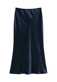 Marineblauer Satin-Midirock, glatte Textur, leichter Glanz, tailliert, weitet sich sanft zum Saum hin. Keine sichtbaren Muster oder Applikationen.