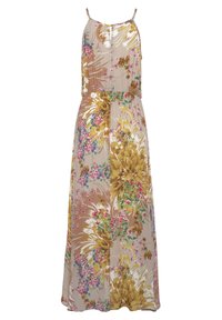 Vestido maxi floral con un fondo beige, vibrantes patrones florales en amarillo y rosa, tirantes finos y un corte holgado.