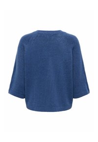 Pull en maille bleu foncé avec manches larges trois quarts, encolure ronde et coupe légèrement courte, vu de dos.