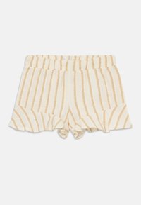 Ljust beige shorts med vertikala bruna ränder, med en vågig nederkant och elastisk midja. Tillverkade av ett strukturerat, vävt tyg.