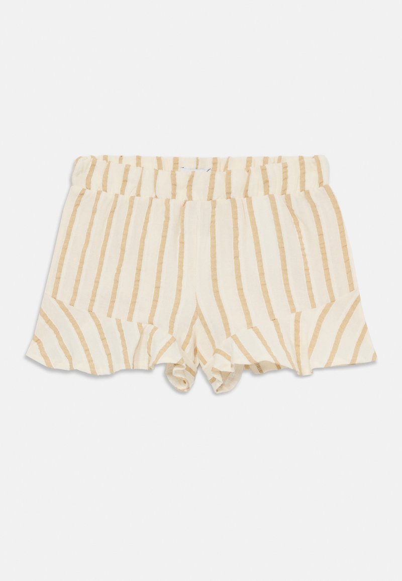 Ljust beige shorts med vertikala bruna ränder, med en vågig nederkant och elastisk midja. Tillverkade av ett strukturerat, vävt tyg.