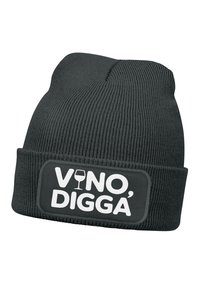 Black knit beanie with a folded cuff featuring a rectangular patch. The patch displays the text "VINO, DIGGA" in white, above a wine glass icon.