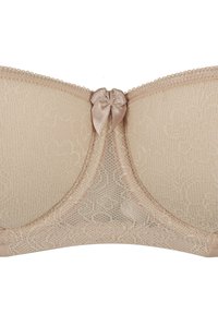 Koronkowy biustonosz w kolorze nude o gładkiej teksturze. Posiada centralną satynową kokardkę oraz faliste krawędzie na górze i taśmie.