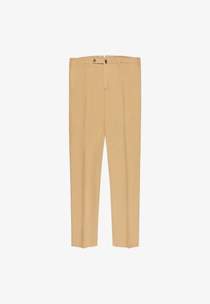 Pantalones beige confeccionados en tela ligera, con un corte entallado, piernas rectas, cierre de botones y dos bolsillos laterales.