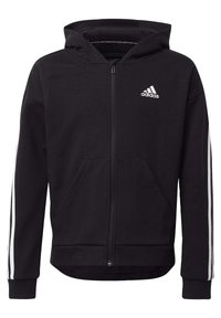 Felpa nera Adidas con zip, logo bianco sul petto, strisce bianche lungo le maniche, tasche frontali e cappuccio integrato.