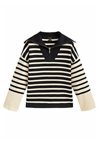 Pull rayé noir et crème avec un col large et une fermeture éclair au quart. Présente une texture côtelée et des manches cloche.