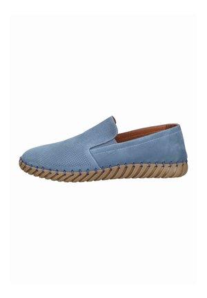 Light blue suede slip-on shoe with perforated upper, tan rubber sole, visible blue stitching, and brown leather interior lining.