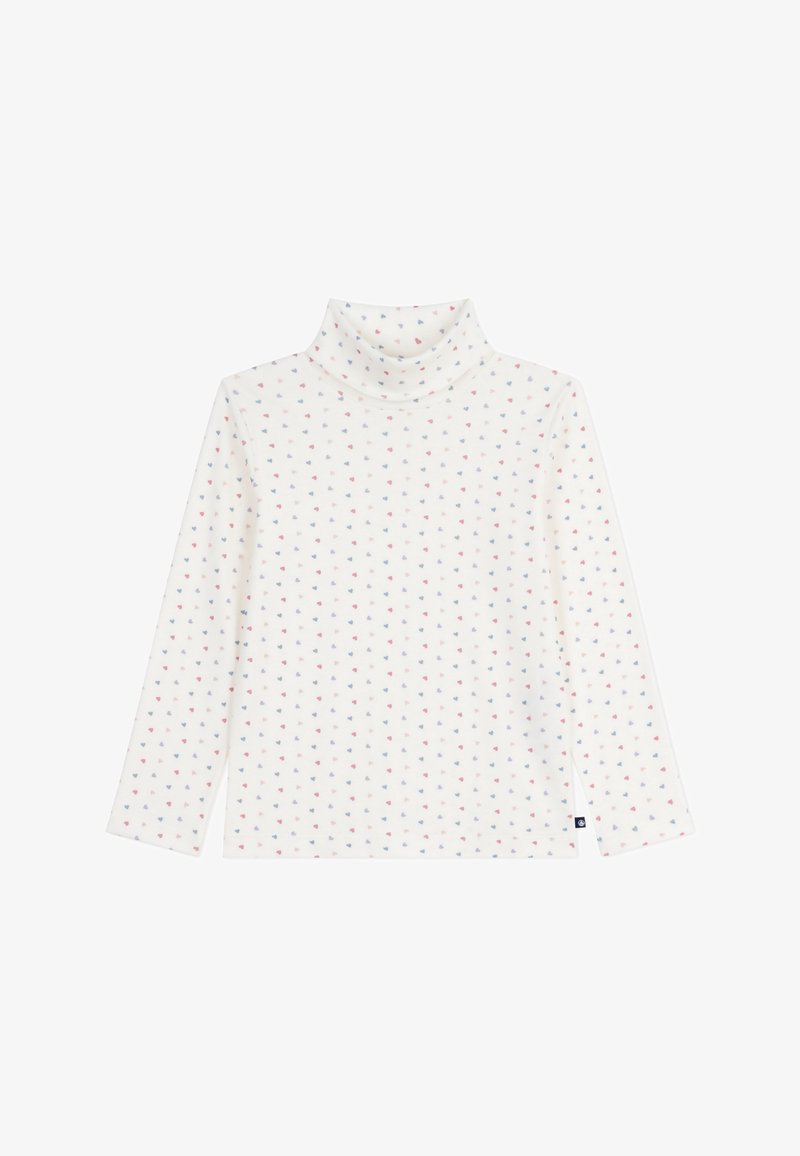 Weißes Rollkragenshirt mit einem kleinen, mehrfarbigen Herzmuster in Rot und Blau. Aus weichem, leichtem Stoff mit langen Ärmeln gefertigt.