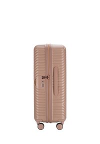 Hartschalenkoffer aus Roségold mit strukturierter Oberfläche, geripptem Design, doppelten Rollen für Mobilität und einem zentralen Reißverschluss.